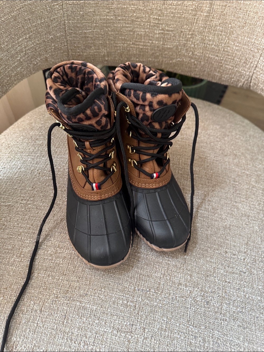 Tommy Hilfiger Brown and Black Kids Leopard-Trim Rain & Snow Boots